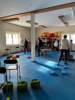 Heller Trainingsraum mit blauem Mattenboden: Ältere Teilnehmende üben mit Balancekissen, Schaumstoffblöcken und Stühlen, im Regal liegen Gymnastikbälle