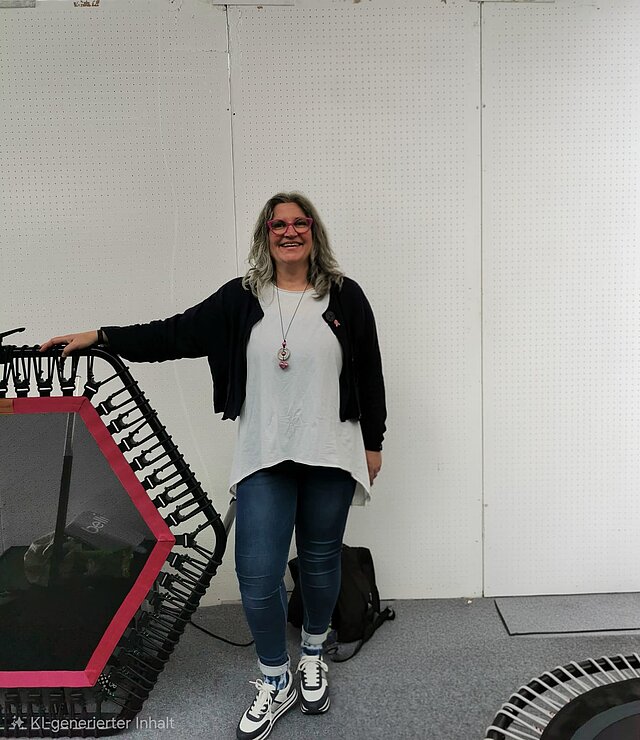 Schwingen auf dem Trampolin Lächelnde Frau mit pinker Brille steht in der Sporthalle neben einem sechseckigen Trampolin mit pinkem Rand