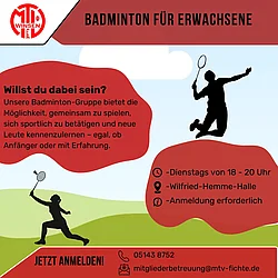 Werbegrafik des MTV „Fichte“ Winsen (Aller) mit dem Text „Badminton für Erwachsene – Willst du dabei sein?“, zwei Badmintonspielern als Silhouetten, Trainingszeit dienstags von 18 bis 20 Uhr in der Wilfried-Hemme-Halle und Kontaktdaten zur Anmeldung