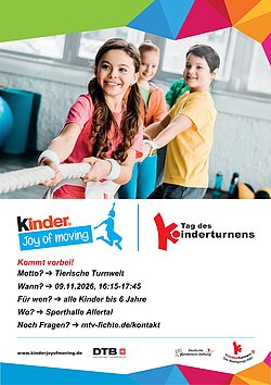 Plakat zum Tag des Kinderturnens: Drei lachende Kinder ziehen in einer Turnhalle gemeinsam an einem Seil. Darunter stehen die Logos von Kinder Joy of moving und Tag des Kinderturnens sowie die Eckdaten: Motto Tierische Turnwelt, 09.11.2026, 16:15 bis 17:45 Uhr, für alle Kinder bis 6 Jahre, Sporthalle Allertal