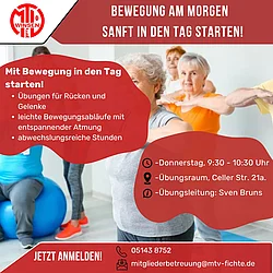 Ankündigungsgrafik „Bewegung am Morgen“: Seniorinnen machen sanfte Übungen, dazu Termin Donnerstag 9:30 bis 10:30 Uhr, Übungsraum Celler Str. 21a, Übungsleitung Sven Bruns
