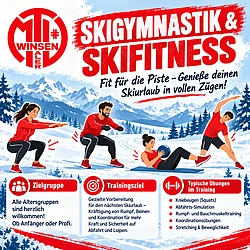 Ankündigungsgrafik Skigymnastik und Skifitness mit MTV-Logo: vier Sportler machen Kniebeugen, Bauchtraining und Seitdehnung vor einer verschneiten Berglandschaft, darunter Infos zu Zielgruppe, Trainingsziel und Übungen
