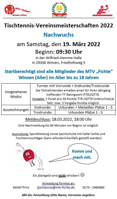 Tischtennis-Vereinsmeisterschaften Nachwuchs 2022 - Einladung